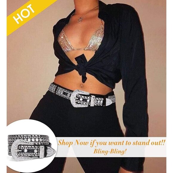 Leather Belt Men Women Rhinestone Studded 1.5 Intuitive Buckle for Casual Dress main image 6